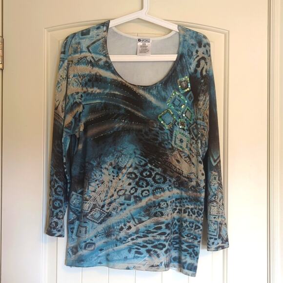 Chagall Turquoise Animal Print Sequin Embellished Lightweight Sweater Sz. XL - Picture 1 of 7